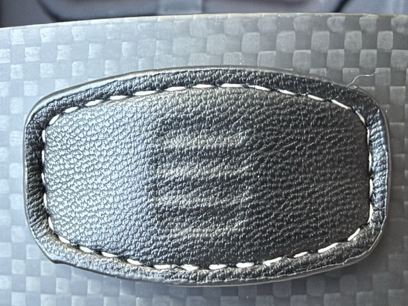 a stitched leather detail patch on the case exterior