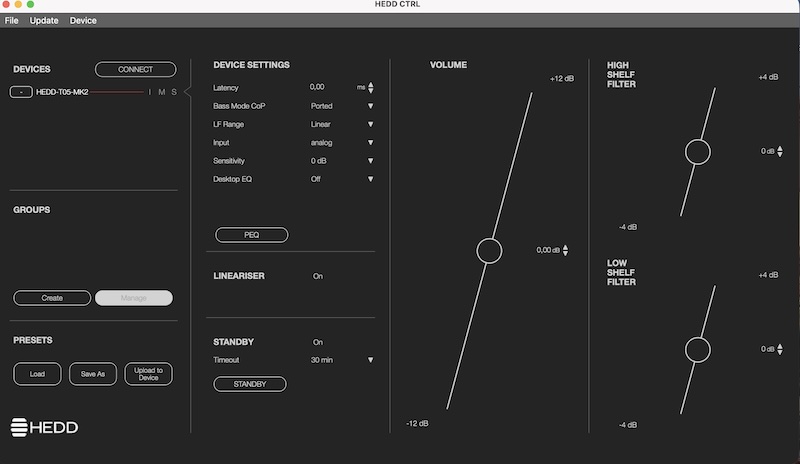 HEDD CTRL’s main dashboard — devices and groups left, device settings centre, volume and shelf filters right