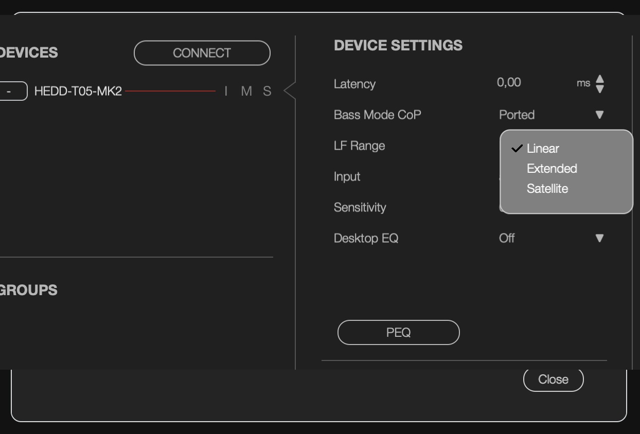the Device Settings panel, showing the LF Range options (Linear, Extended, Satellite)