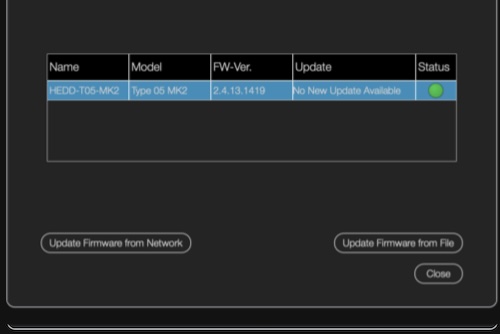 HEDD CTRL’s firmware update panel, showing the current version and update options