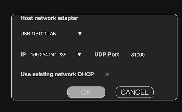 HEDD CTRL’s network settings, showing the host adapter, IP and UDP port