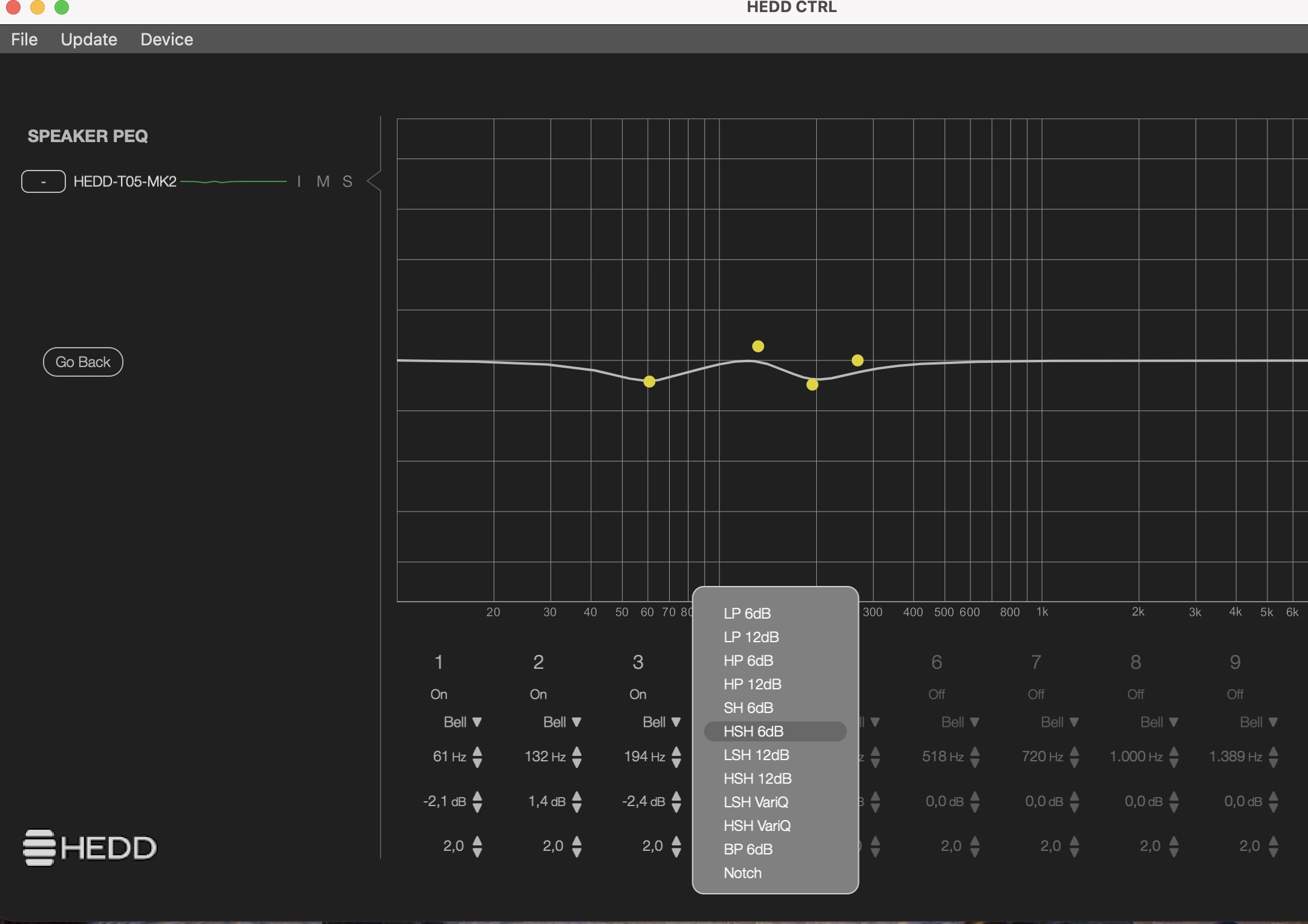the PEQ editor’s per-band filter type menu — Bell, LP, HP, shelves including VariQ, and notch