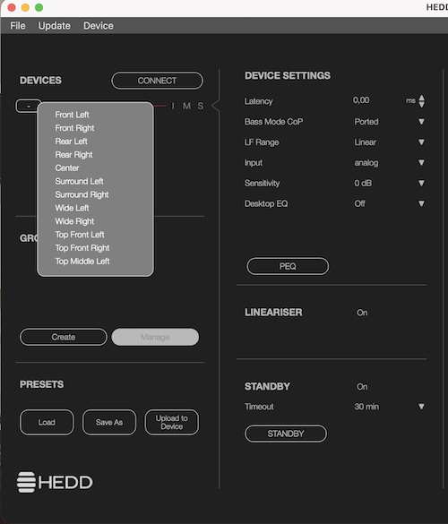assigning a speaker to a position — front, rear, centre, surround, wide and top are all available