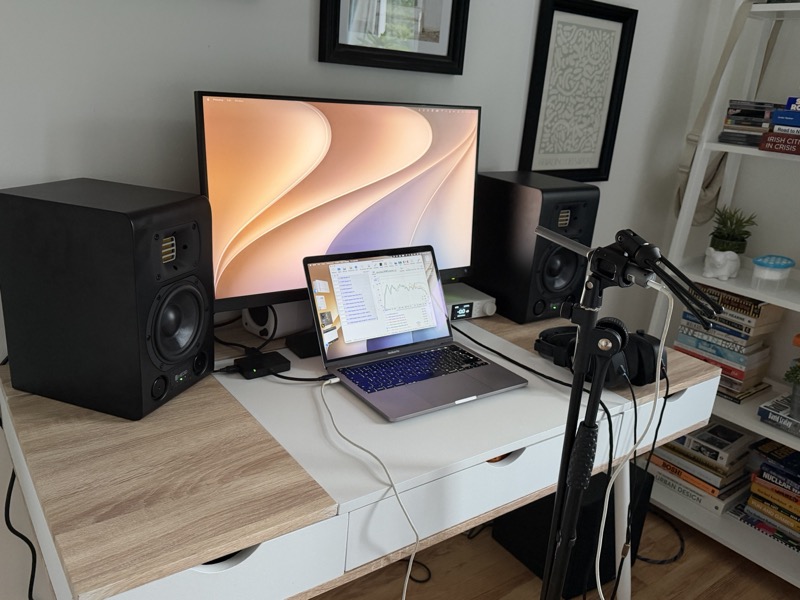 the measurement mic on its boom stand beside the desk
