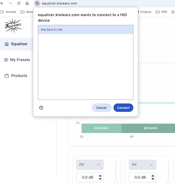 the browser’s WebHID prompt to connect to the Kiwi Ears S-Link