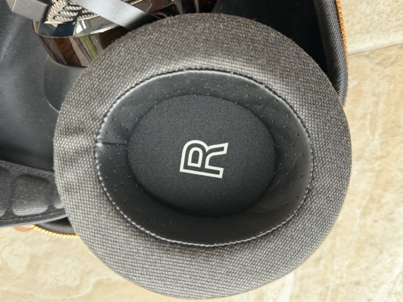 the earpad interior, showing the r channel marking