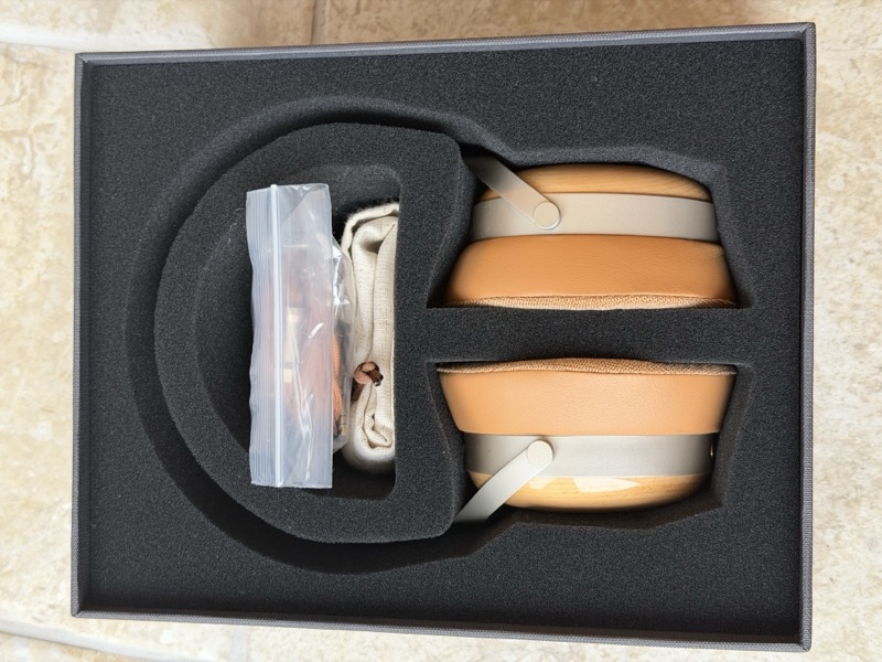 the headphone nested in foam, with the cable and accessories in the recess below