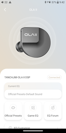 the OLA II device hub with the current EQ and shortcuts to Official Presets, Game EQ, and the EQ Forum