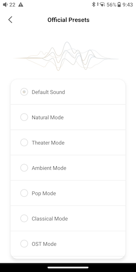 the Official Presets list — Default, Natural, Theater, Ambient, Pop, Classical, and OST