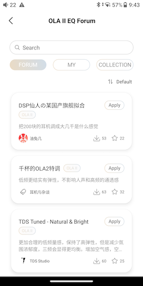 the EQ Forum listing user-submitted PEQ profiles for the OLA II