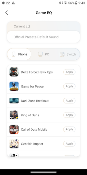 Game EQ section with per-title presets for Phone, PC, and Switch