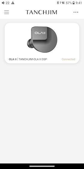 the Tanchjim app’s device list showing the OLA II connected