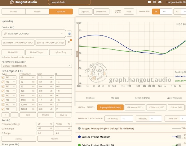 reusing the OLA II’s USB-C DSP cable on a CrinEar Project Monolith via Hangout Audio’s parametric EQ tool, with a profile that reduces its bass