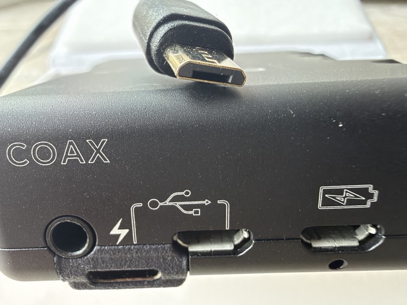 close-up of the chord mojo 2 coax input and micro-usb data port