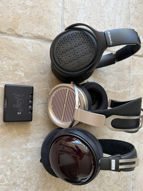 mojo 2 beside the fiio jade audio jt9, aune ar5000 mk2 and fiio ft13 headphones