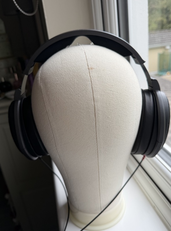 dekoni leather pads fitted to the hd600 on a head stand, seen from behind