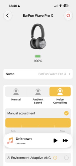 app home screen showing anc modes and battery