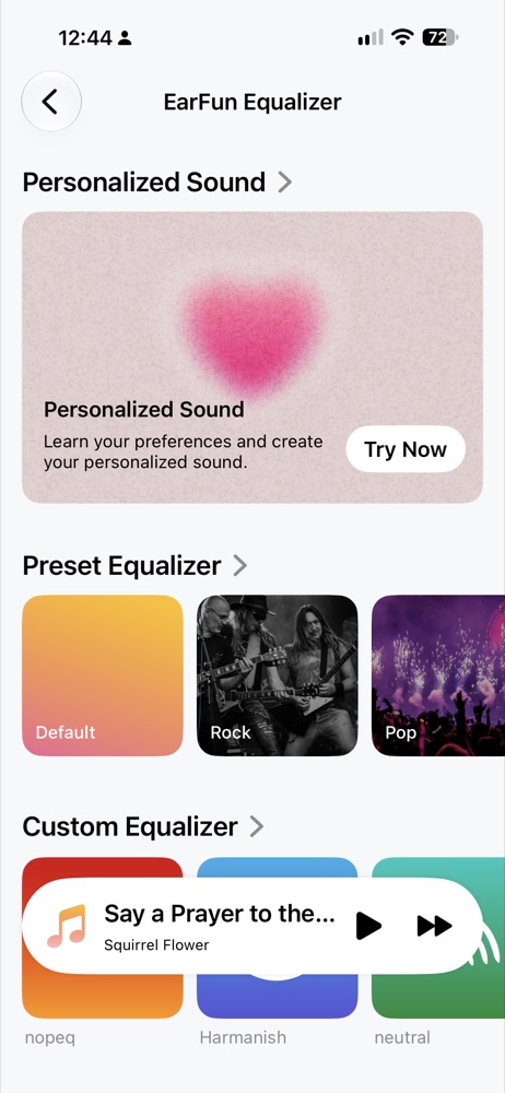 earfun equalizer screen with personalized sound and presets