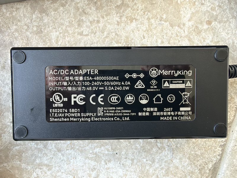 label on the 48v 5a merryking power adapter