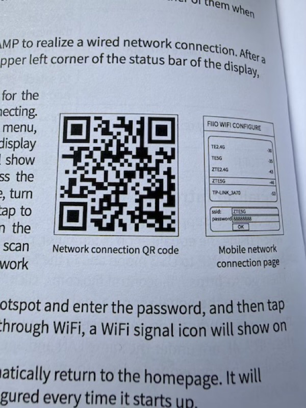 quick start guide page showing the network connection qr code and configuration screen
