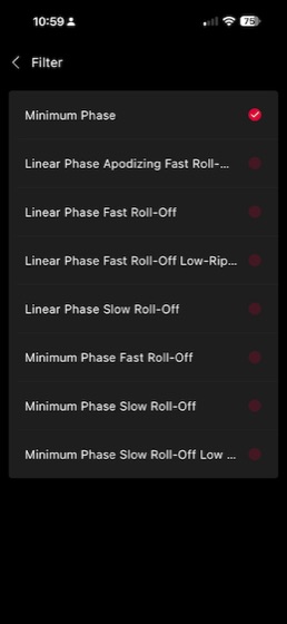 the eight digital filter options with minimum phase selected
