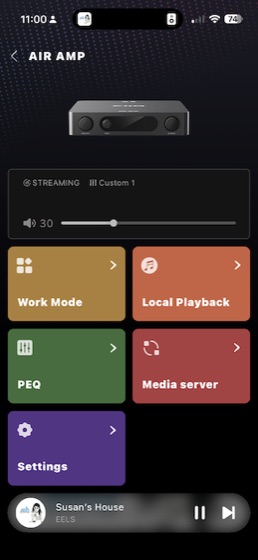 app home screen in streaming mode with a track playing