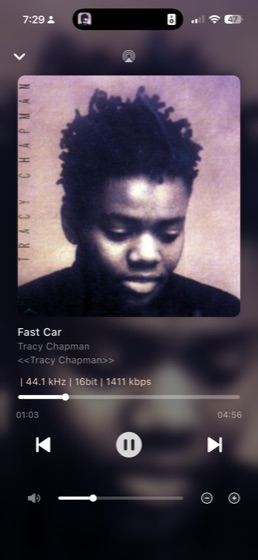 now playing screen showing fast car by tracy chapman at 44.1 khz 16 bit