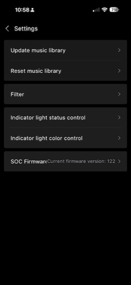 the settings screen showing soc firmware version 122