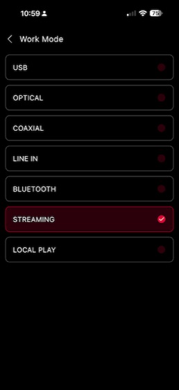 the work mode list with streaming selected