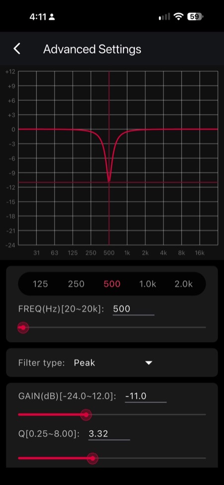 advanced peq: peak filter at 500 hz, -11 db, q 3.32