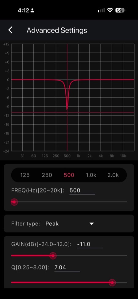 advanced peq: peak filter at 500 hz, -11 db, q 7.04