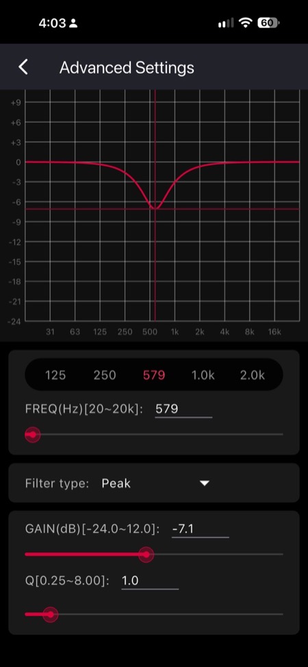 advanced peq: peak filter at 579 hz, -7.1 db, q 1.0