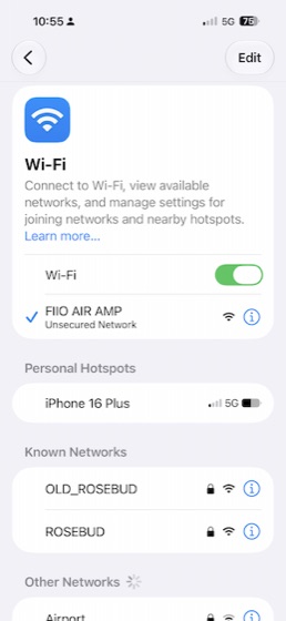iphone connected to the air amp’s unsecured setup hotspot