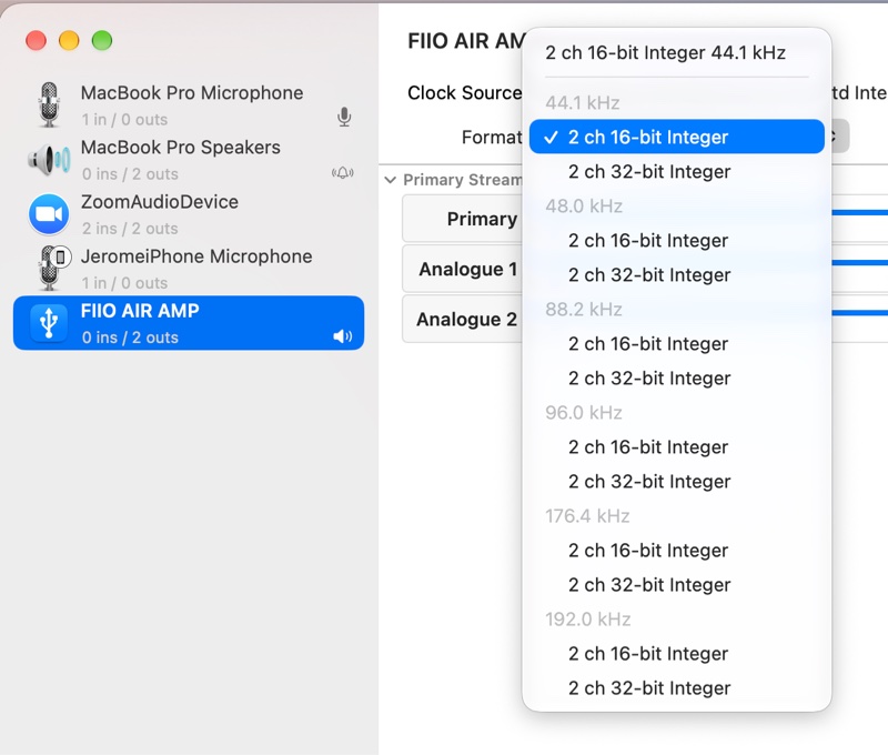macos audio midi setup showing the fiio air amp sample rate options up to 192 khz