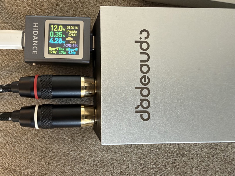 usb power meter inline with the gigas1 reading 12.0v, 0.35a and 4.28w when powered from a macbook pro charger