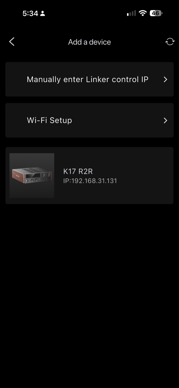 fiio control app add-a-device screen showing the k17 r2r found on the network at 192.168.31.131