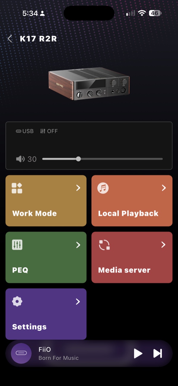 fiio control app home screen for the k17 r2r with work mode, local playback, peq, media server and settings tiles