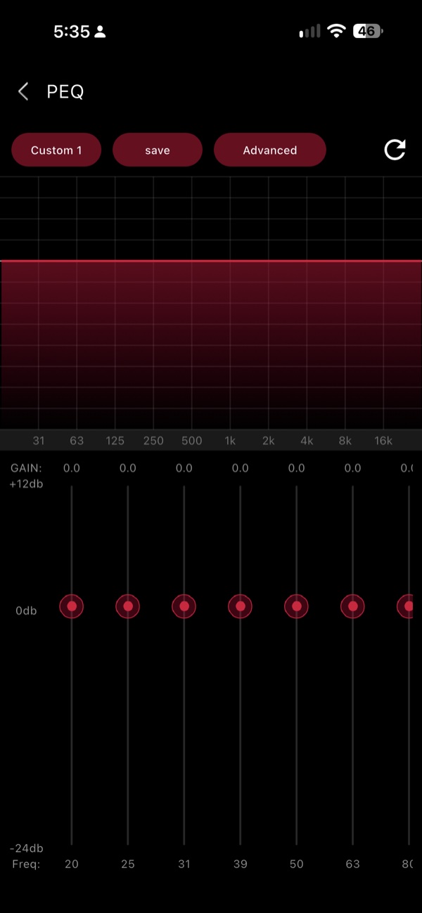 fiio control app peq screen showing the graphic 1/3-octave slider view with a custom preset selected
