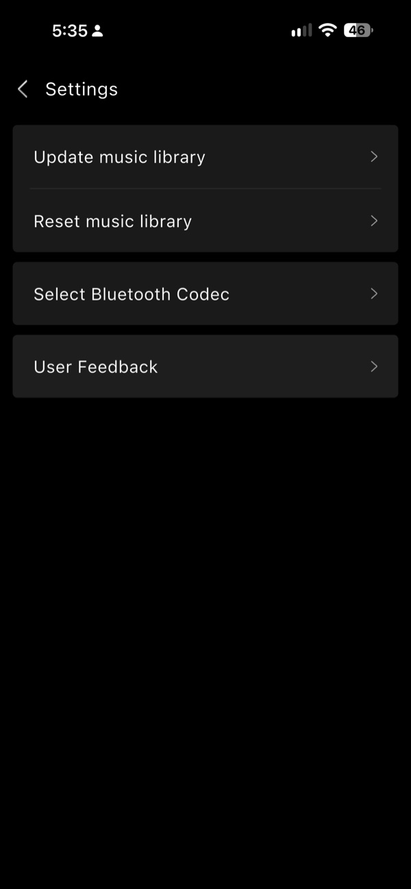 app settings screen with update music library, reset music library, select bluetooth codec and user feedback