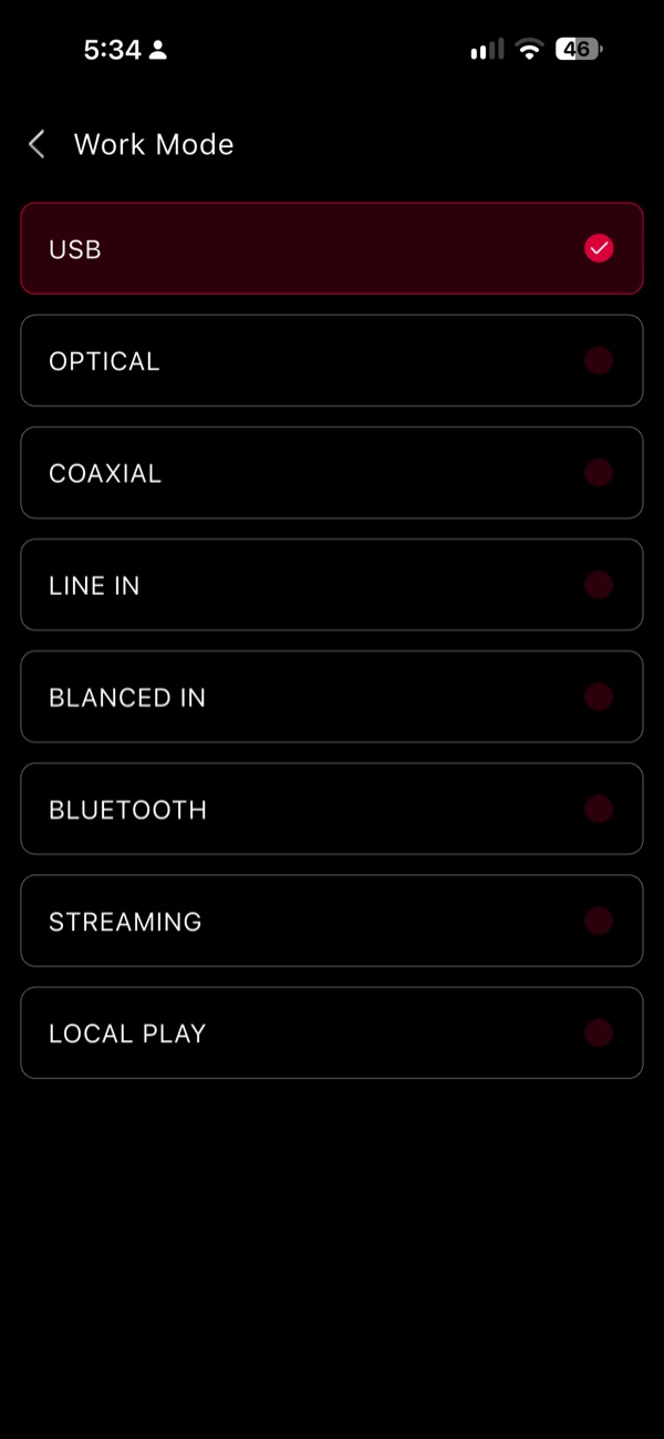 work mode screen listing usb, optical, coaxial, line in, balanced in, bluetooth, streaming and local play