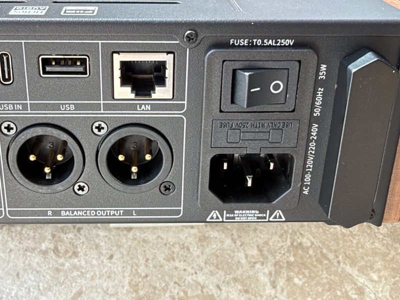 right of the rear panel with usb-c input, usb-a host port, gigabit ethernet, xlr balanced outputs and the fused iec inlet
