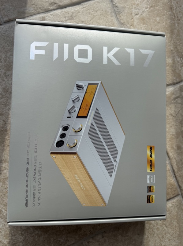 grey retail box for the fiio k17 r2r printed with a photo of the silver and ash version