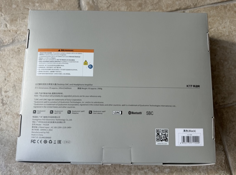 rear of the retail box listing dimensions, weight, model number and bluetooth codecs