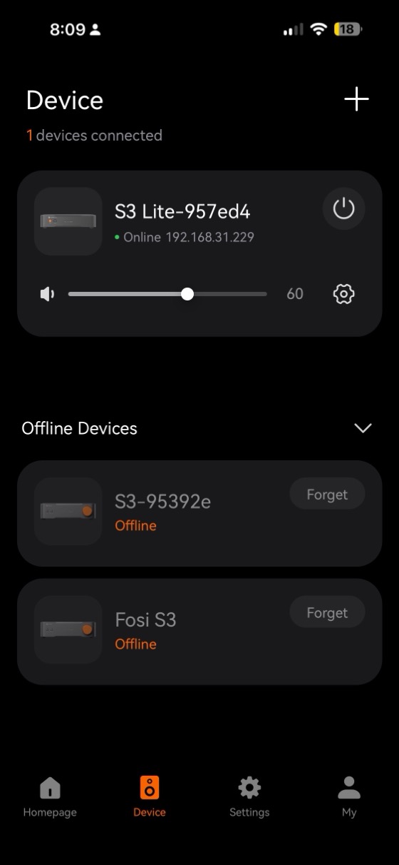 the app device list showing the s3 lite online with two offline fosi s3 units below