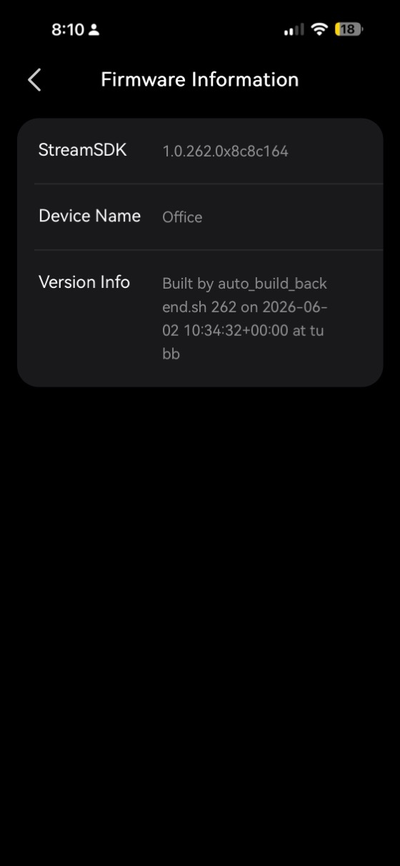 the firmware information page showing streamsdk 1.0.262