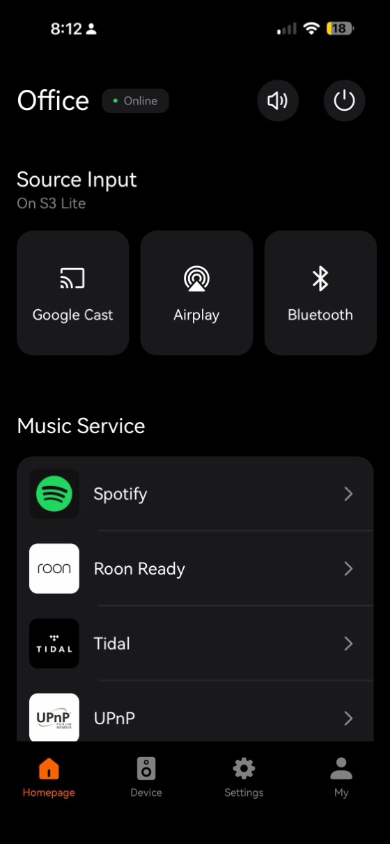 the app homepage showing google cast, airplay and bluetooth source inputs above the music service list