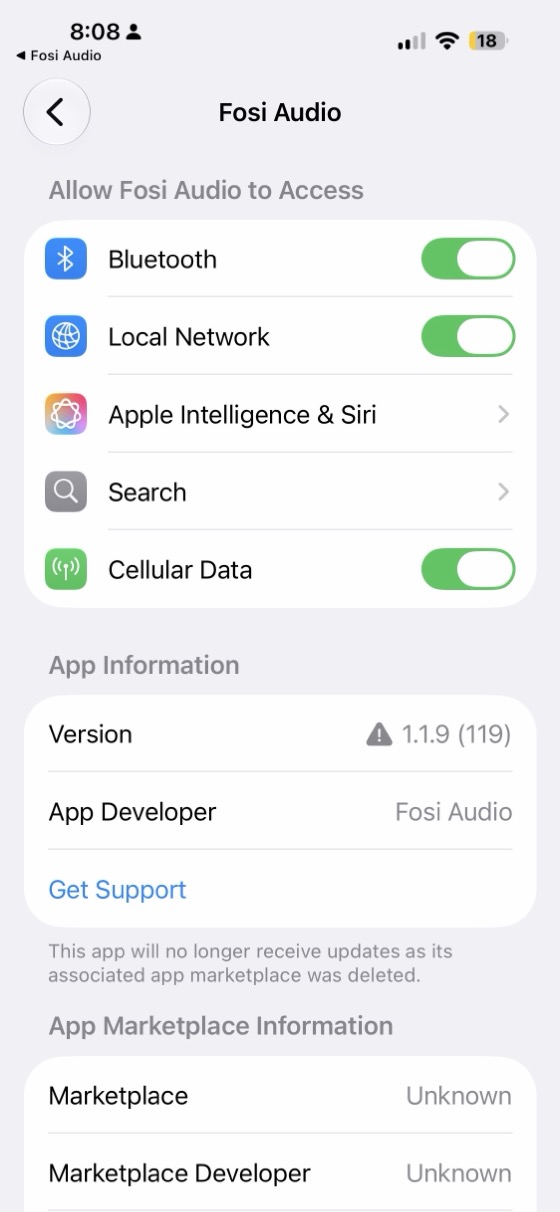 the ios settings page for the fosi audio app showing version 1.1.9 and a marketplace warning