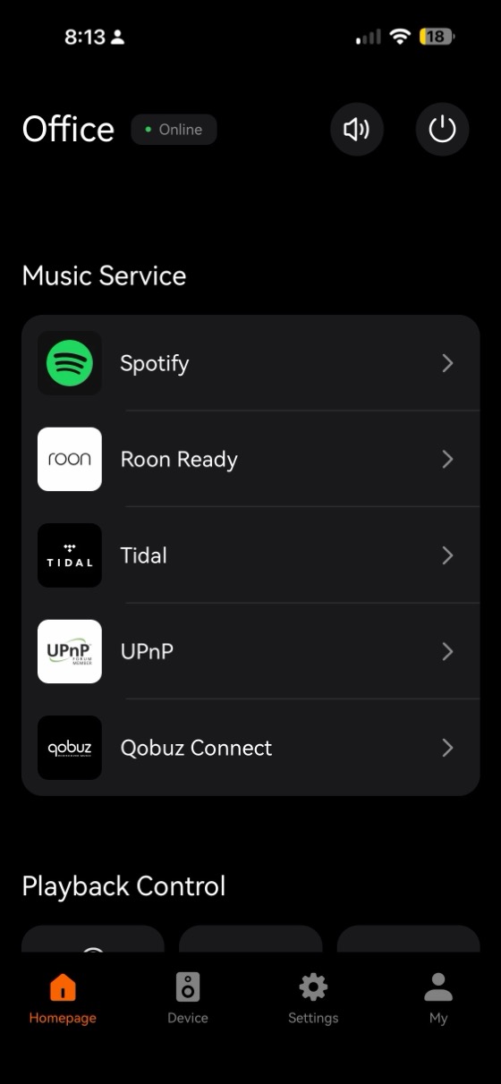 the music service list including spotify, roon ready, tidal, upnp and qobuz connect