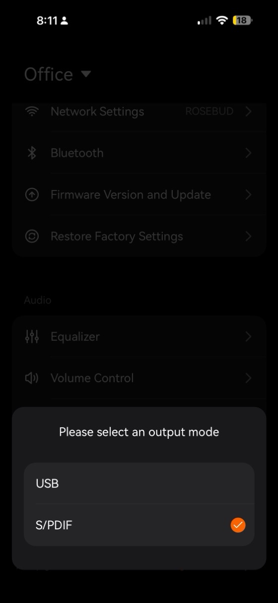 the output mode dialog offering usb or s-pdif with s-pdif selected