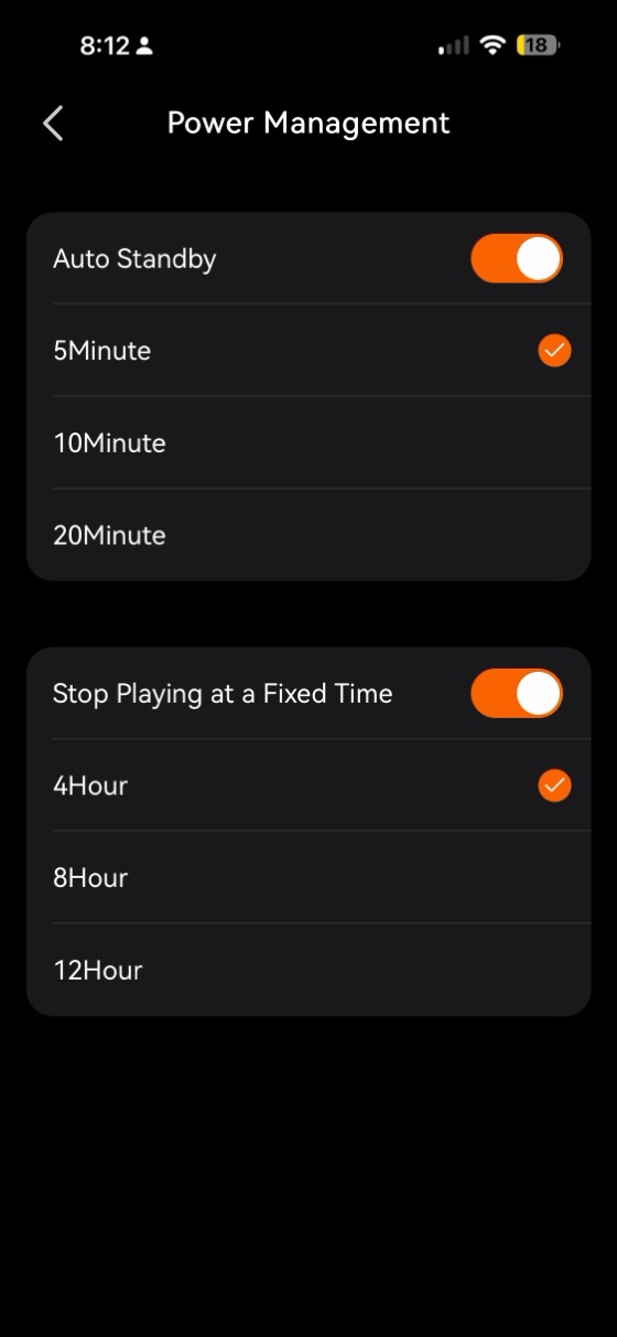 the power management page with auto standby and stop playing at a fixed time options